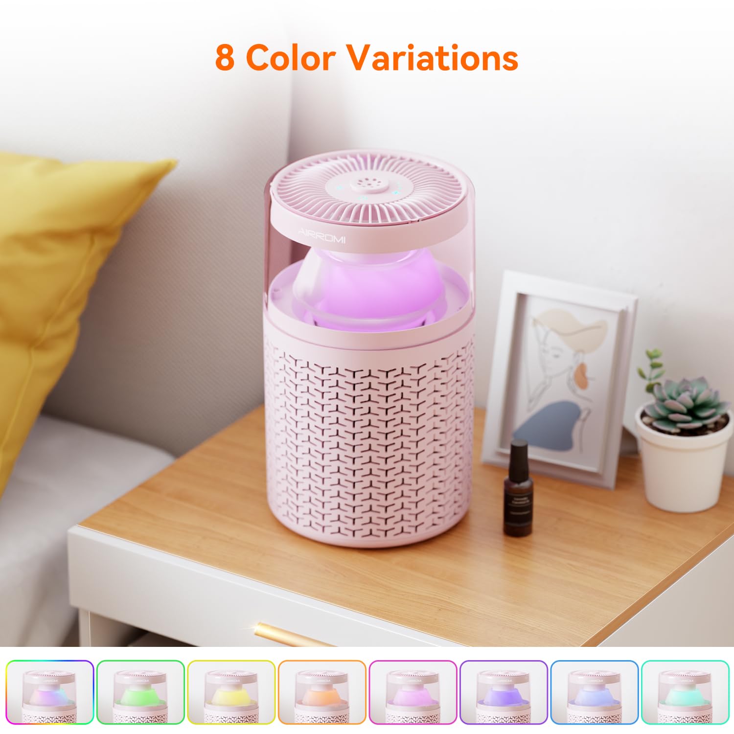 AIRROMI Pet Air Purifier for Home & Bedroom, HEPA Activated Carbon Filter, Removes Pet Dander & Odor, Allergies, Smoke, Hair, Night Light, Fragrance Sponge, Up to 658 ft², A2002 Pink