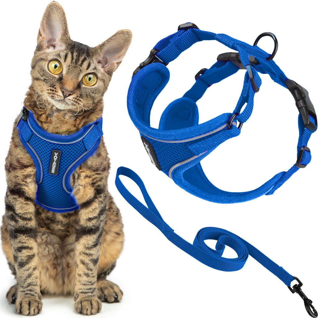Voyager Escape-Proof Step-in Lock Cat Harness & 5ft Neoprene-Handle Leash Set All-Weather Mesh with Reflective Stitching for Small to Large Cats by Best Pet Supplies, Royal Blue (327), XXXS
