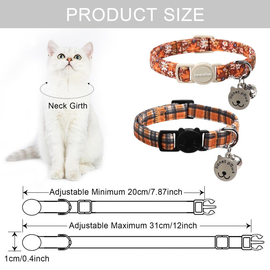 Lionet Paws 2pcs Pack Halloween Cat Collar,Brown Blossoms and Black Brown Grid with Breakaway Buckle,Cute Adjustable Cat Kitten Collar,Ideal for Girl Cats