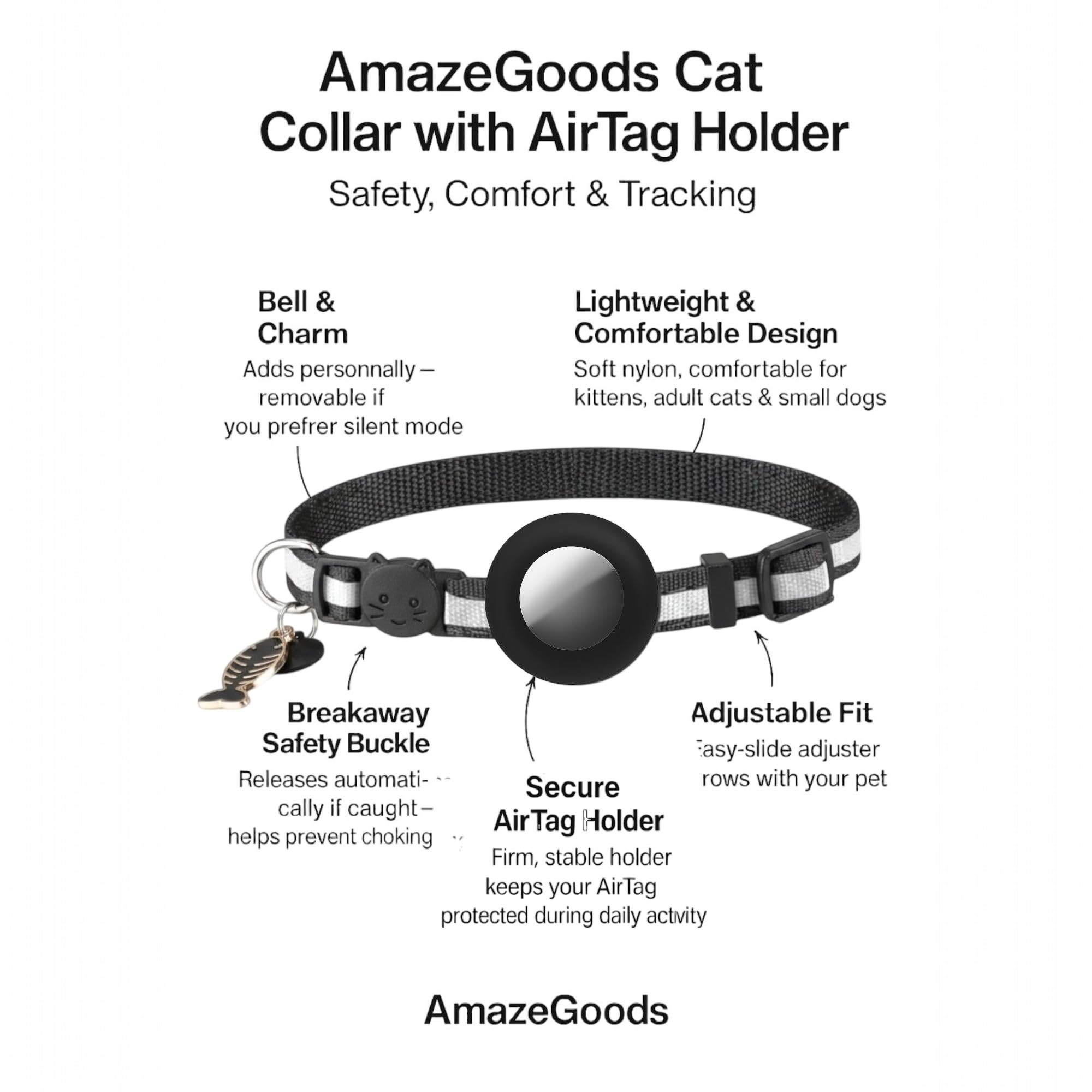 AirTag Cat Collar Breakaway with Apple Air Tag Holder & Bell - Reflective Adjustable Kitten Collar, Lightweight Nylon Safety Release Buckle for Boy Girl Cats, Indoor Outdoor (Fits 8-11 in)