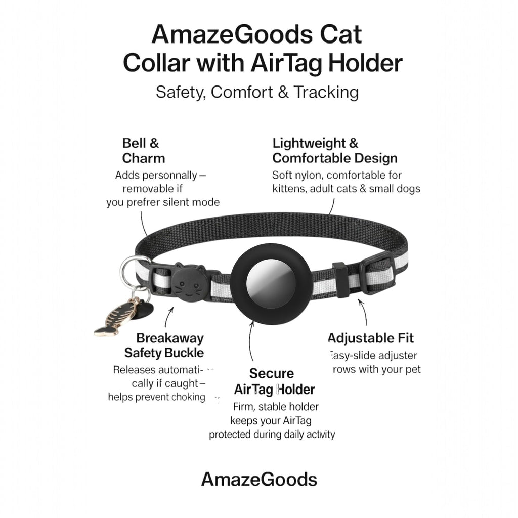 AirTag Cat Collar Breakaway with Apple Air Tag Holder & Bell - Reflective Adjustable Kitten Collar, Lightweight Nylon Safety Release Buckle for Boy Girl Cats, Indoor Outdoor (Fits 8-11 in)