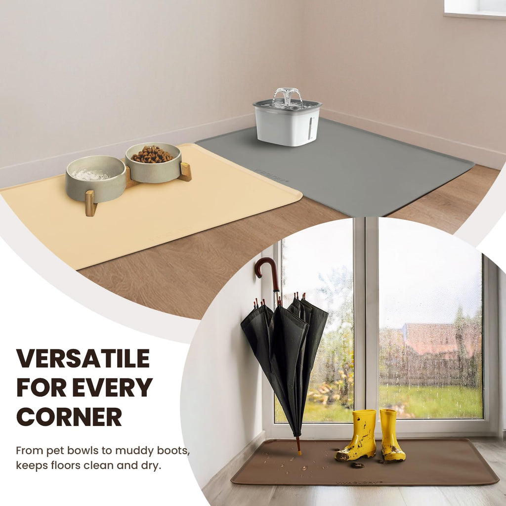 VIVAGLORY Pet Food Mat Flexmat Dog Bowl Mat, L, Light Grey