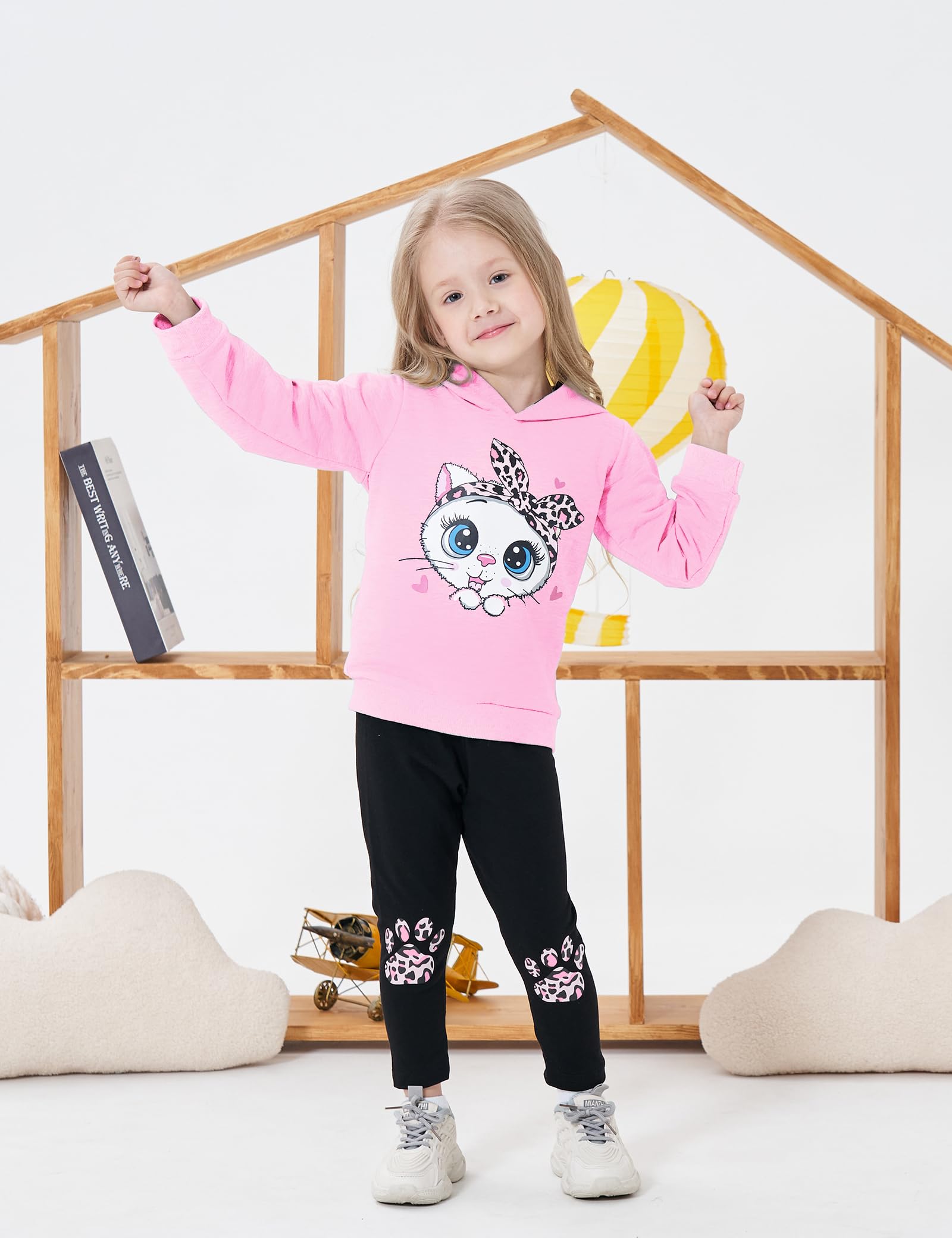 Axumity Toddler Girl Clothes Cat Print Pullover Sweatshirt + Leopard Print Pant 2-Piece Kid Girl Fall Winter Pants Set(5-6T)