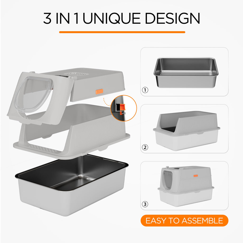 Anywish Stainless Steel Cat Litter Box with Lid, XL Extra Large Enclosed Removable Metal Litter Box with Litter Scoop&Double Layer Litter Mat, Non-Sticky, Non-Odor, for Big Cats Dark Grey