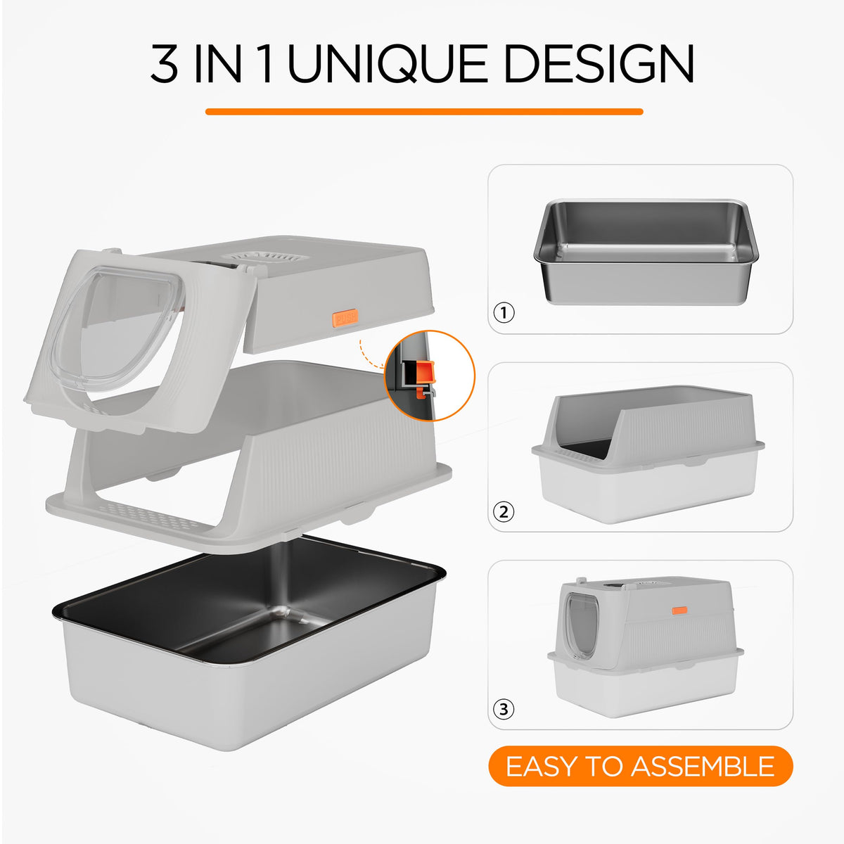 Anywish Stainless Steel Cat Litter Box with Lid, XL Extra Large Enclosed Removable Metal Litter Box with Litter Scoop&Double Layer Litter Mat, Non-Sticky, Non-Odor, for Big Cats Dark Grey