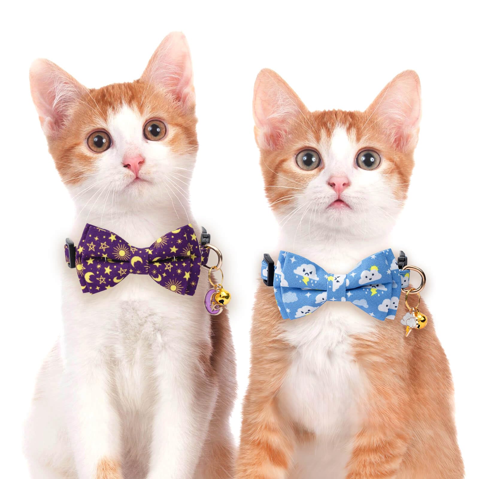 Jelwuion 2 Pack Cotton Cat Collar with Bow Tie and Bell for Girl Boy Cats,Cute Pink Flamingo and Blue Whale Pattern Spring Summer Breakaway Cat Collar for Male Female Cats (Moon&Cloud)