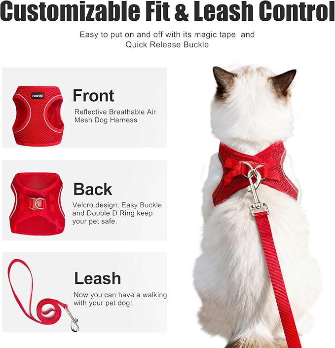 PetiFine Extra Small Step in Dog Harness and Leash Set, Cat Harness and Leash Escape Proof, All Weather Mesh Reflective, Step-in Air Vest Harnesses for Puppy(XXXS, Red)