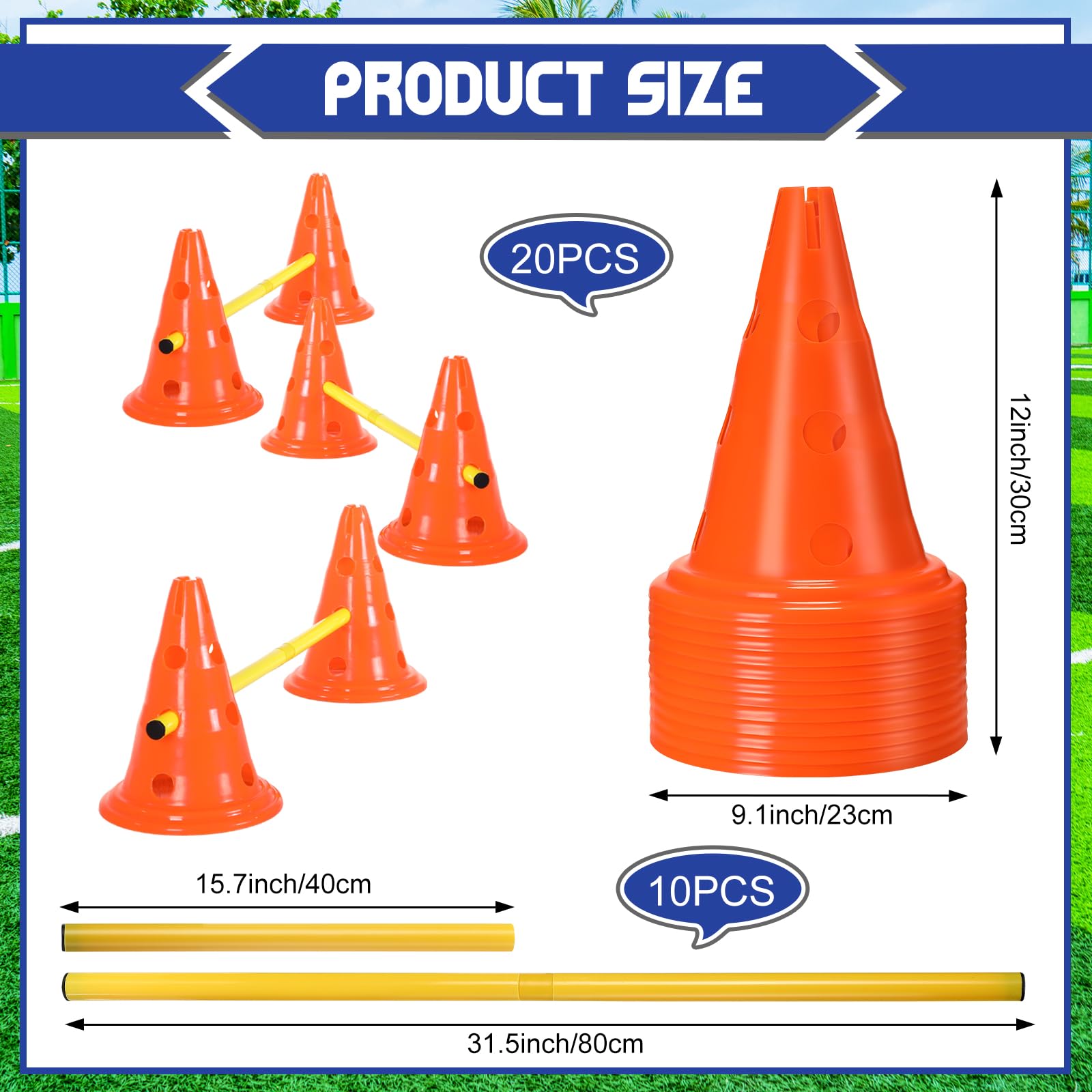 Glimin 10 Sets Dog Agility Hurdle Cone Set 20 Pcs Exercise Cones with 10 Pcs Rods Adjustable Obstacle Portable Agility Training Equipment Canine Pole(Orange and Yellow)