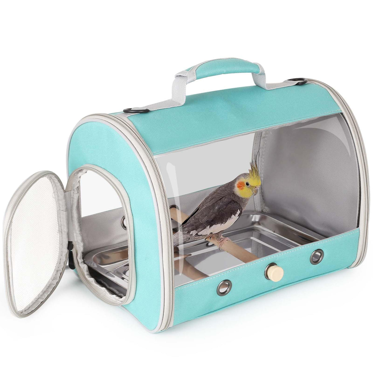 Bird Carrier, Portable Small Bird Parrot Parakeet Carrier with Standing Perch and Stainless Steel Tray, Side Access Window Collapsible (Black, Cylinder Design - Clear)