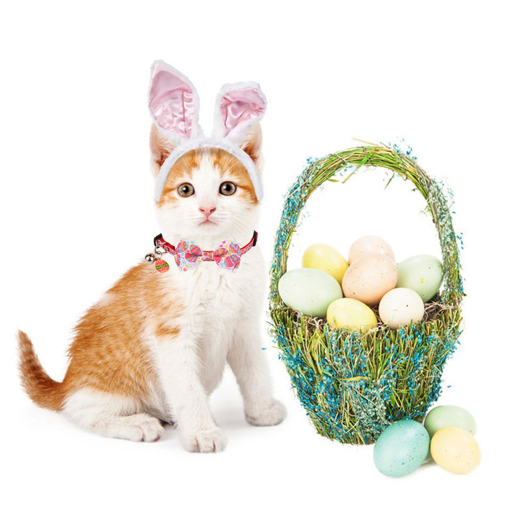 ADOGGYGO Easter Cat Collars with Bow Bell, Breakaway Kitten Bowtie Collar Red Purple Eggs Rabbit Easter Collars for Girl Boy Cats Kittens