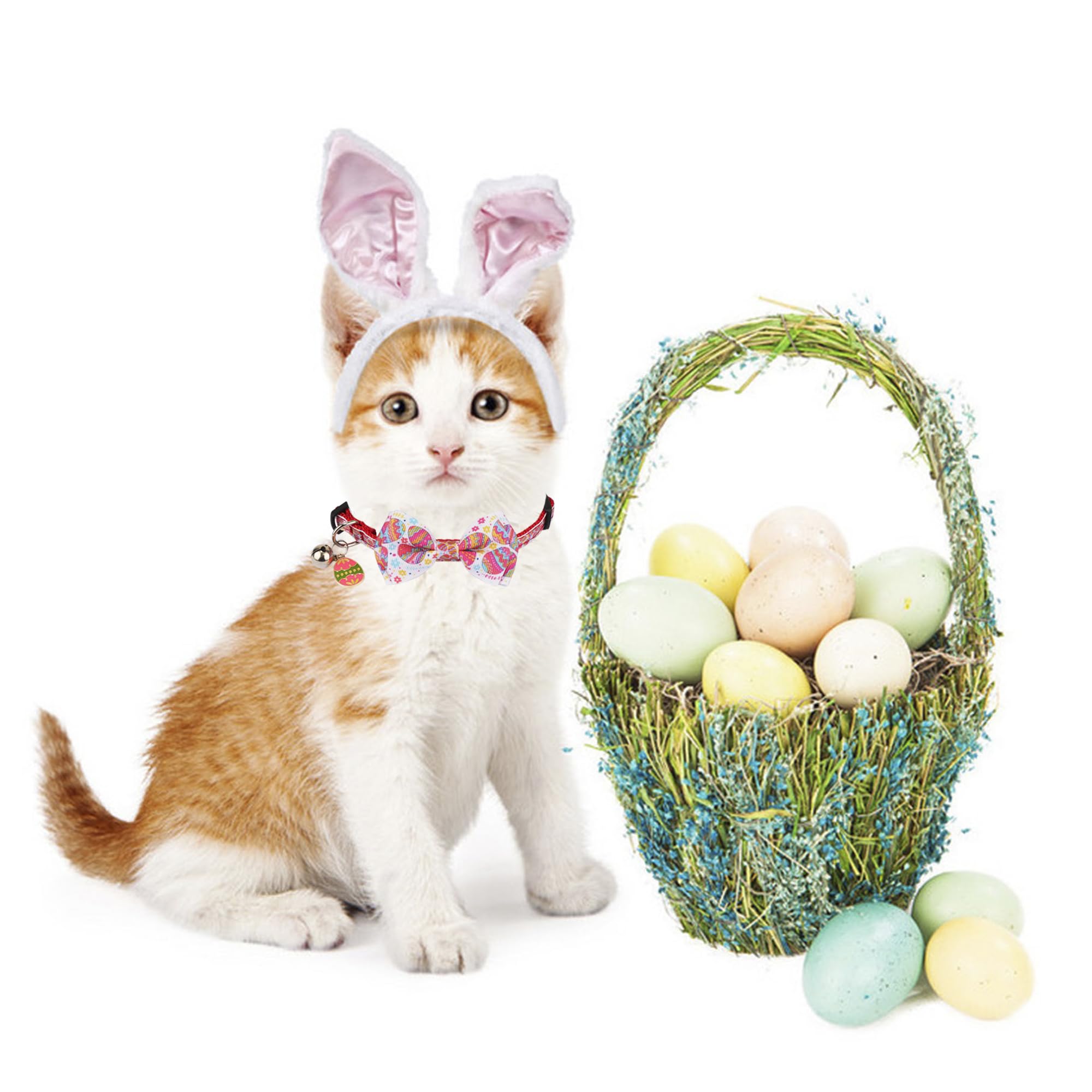 ADOGGYGO Easter Cat Collars with Bow Bell, Breakaway Kitten Bowtie Collar Red Purple Eggs Rabbit Easter Collars for Girl Boy Cats Kittens