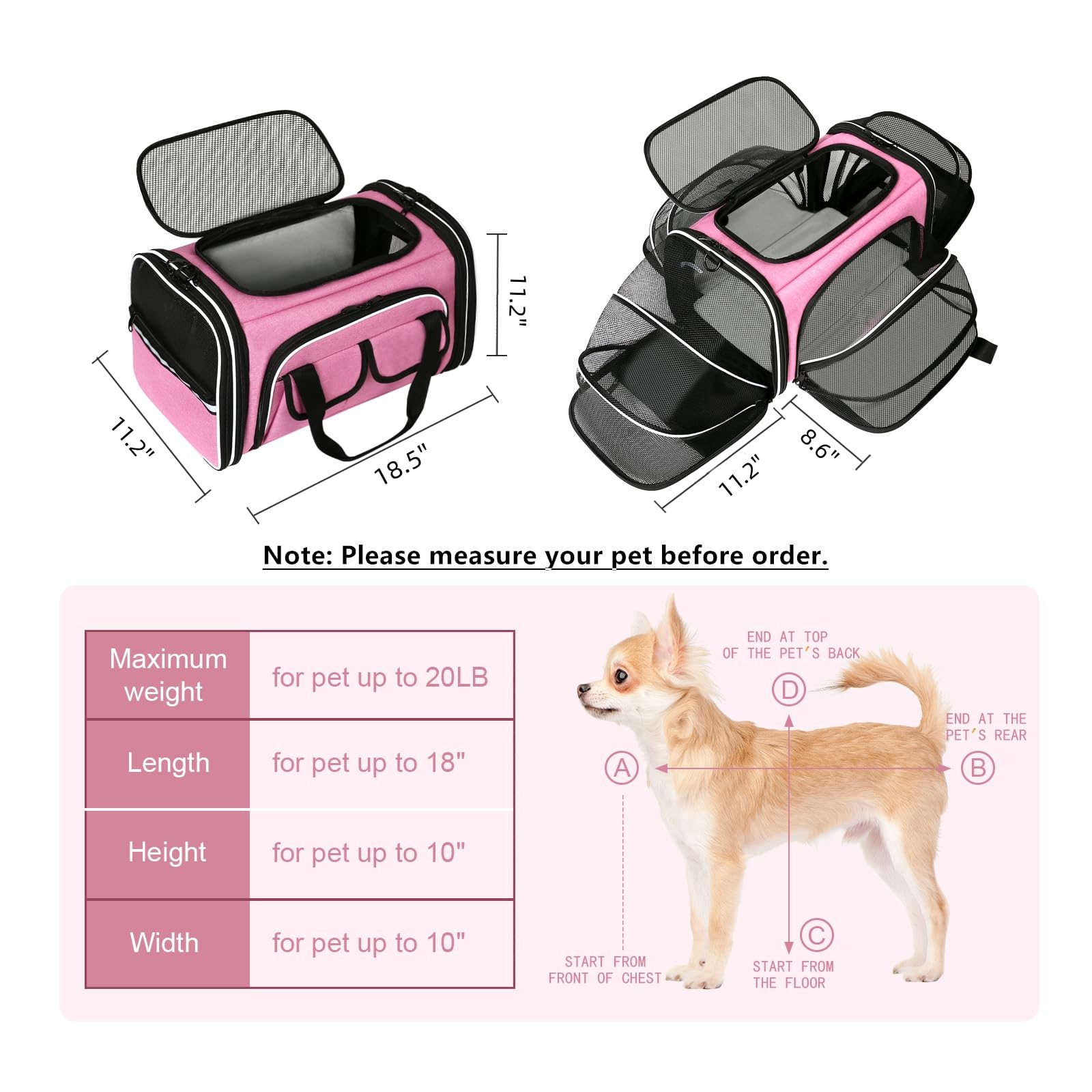 Estarer Soft Sided Pet Carrier Airline Approved, 4 Sides Expandable Collapsible Cat Carrier with Pockets & Removable Fleece Pad, Travel Carrier Bag for Cat Dog & Small Animals (Pink)
