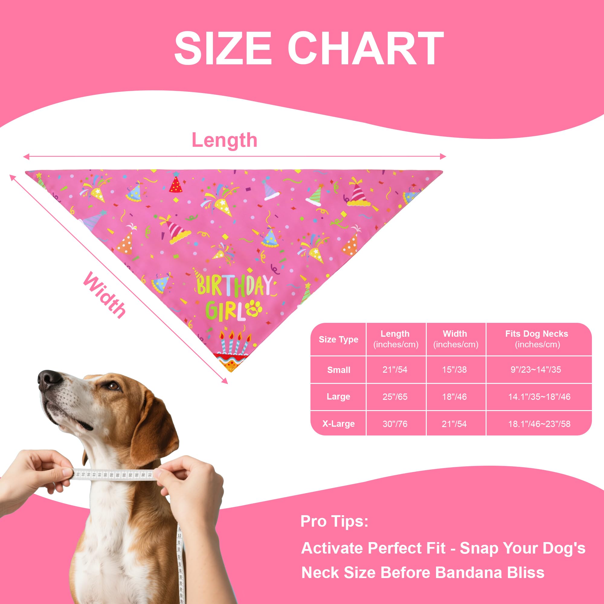 WoffBow Dog Birthday Girl Bandana for Large Dogs, Reversible Pink Scarf