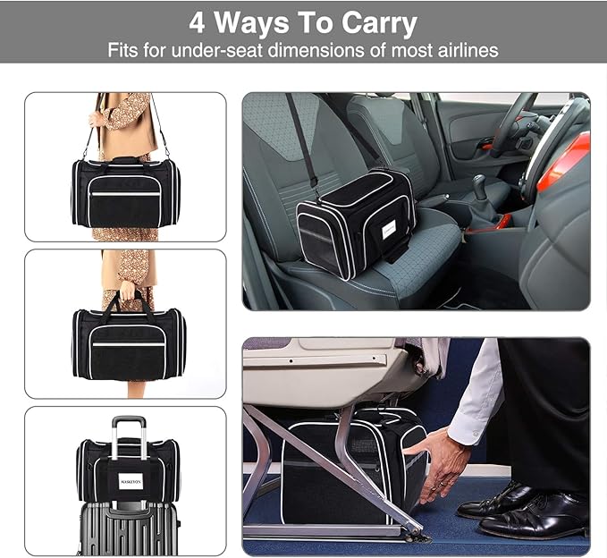 MASKEYON TSA Airline Approved Large Pet Travel Carrier,4 Sides Expandable with 2 Mesh Pockets,3 Entry, Soft Sided Collapsible Dog Carrier for 2 Cats,Kittens,Puppies,Dog, X-Large, Black & White