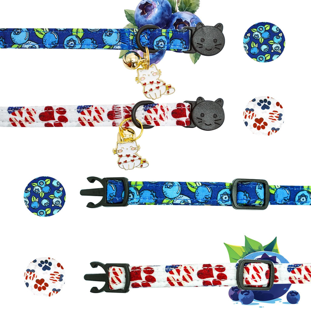 Elegant little tail 2 Pack Cat Collar- Blueberry Cotton Breakaway Cat Collars with Bell Pendant Kitten Boy Girl Safety Adjustable Collar for Small Cats Puppy