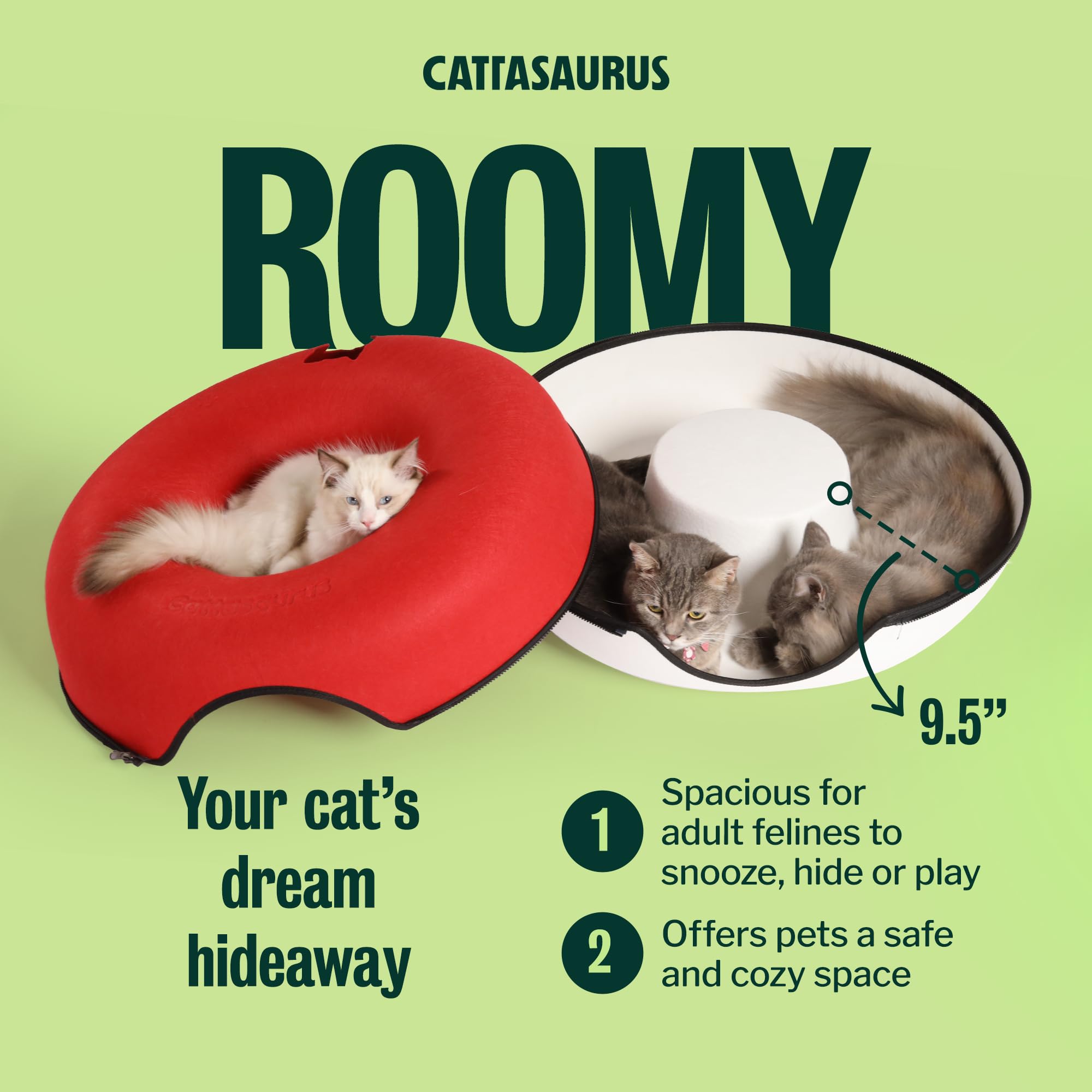 Cattasaurus Peekaboo Cat Cave, Extra Spacious for Multiple & Large Cats 12+ lbs, Scratch Detachable Cat Beds for Indoor Cats, Washable Tunnel Bed, Comfy Donut Tunnel (Ruby Snowball, Jumbo)