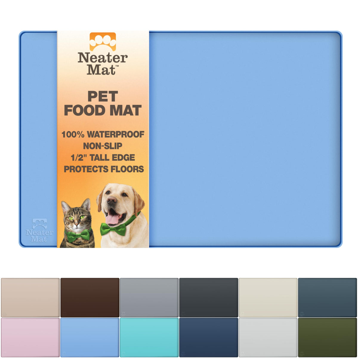 Neater Pet Brands Neater Mat Pet Mats for Food and Water, Cat & Dog Bowl Mat Waterproof Silicone, Feeding Tray, Dog Food Mats for Floors, Placemat w/Raised Edge for Under Bowls, 24" x 16", Light Blue