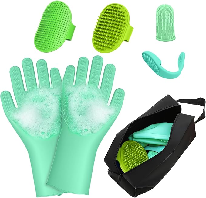 MIYIJHY 7PCS Dog Washing Gloves | Dog Bath Brush | Storage Bag | Dog Finger Toothbrush for Short & Long Haired Dogs & Cats | Efficient Deshedding Bathing & Massaging, Suitable for Pets (Sage Green)