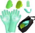 MIYIJHY 7PCS Dog Washing Gloves | Dog Bath Brush | Storage Bag | Dog Finger Toothbrush for Short & Long Haired Dogs & Cats | Efficient Deshedding Bathing & Massaging, Suitable for Pets (Sage Green)