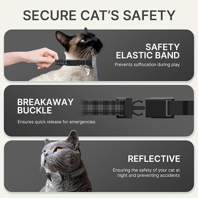 AirTag Cat Collar Breakaway, Reflective Cat Collar Compatible with Apple AirTag 1st & 2nd Gen, Hidden Holder with Bell, Lightweight Water-Resistant Strap for Cats, AirTag Not Included
