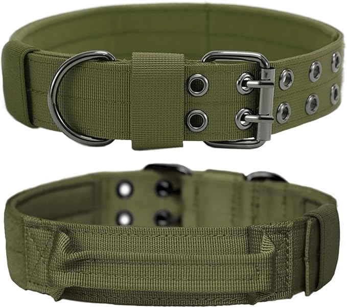 Tactical Dog Collar with Handle, Military Adjustable Heavy Duty Metal Buckle Dog Collars Soft Nylon Training Collar for Medium Large Dogs (Green, Medium)