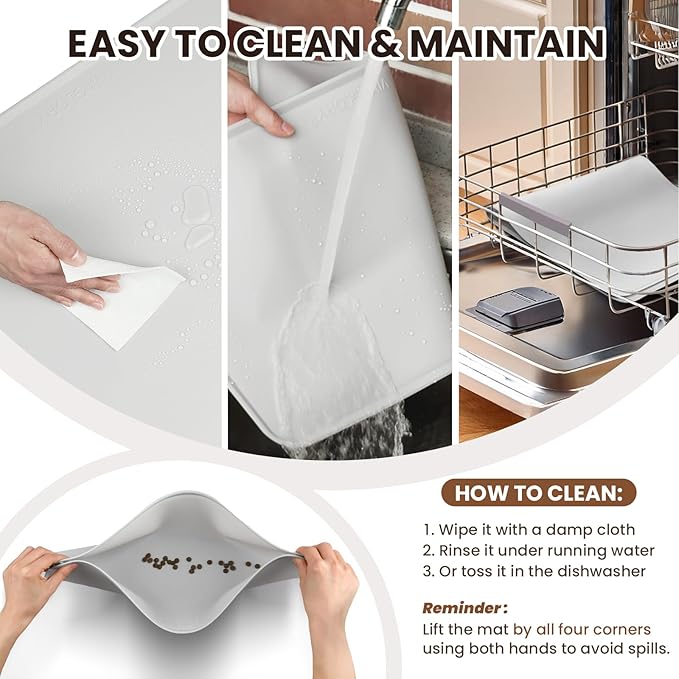 VIVAGLORY Dog Food Mat Flexmat Dog Bowl Mat, Placemat Food Tray with Raised Edges & Lip for Indoor Floor, Non Slip Waterproof Silicone Dish Placemat for Cat & Pet, S, Khaki