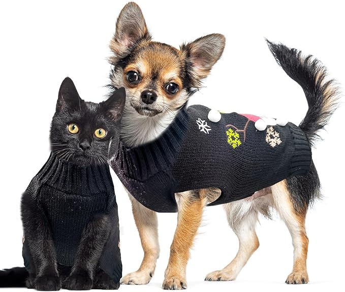 Christmas Dog Sweaters Xmas Pet Outfit Clothes Cute Black Snowman Costume Puppy Cat Knitted Jumpers (XXS,Black Snowman)
