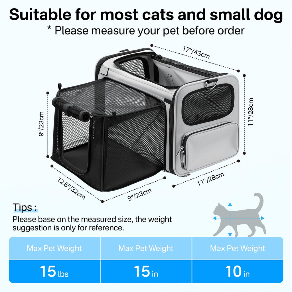 CarryTip Expandable Cat Carrier, Airline Approved Soft Sided Pet Carrier for Cats & Small Dogs Up to 15 lbs, with Locking Safety Zippers & Cozy Fleece Pad, Portable for Car & Vet Visits, Black