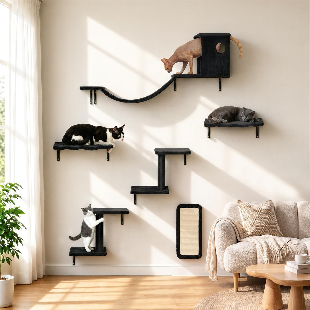 6‑in‑1 Cat Wall Shelves, Wall Mounted Cat Furniture Set with Scratching Posts, Cat Bed & Bridge, Space Saving Cat Climbing Perch for Kittens & Cats Up to 22 Lbs, Black