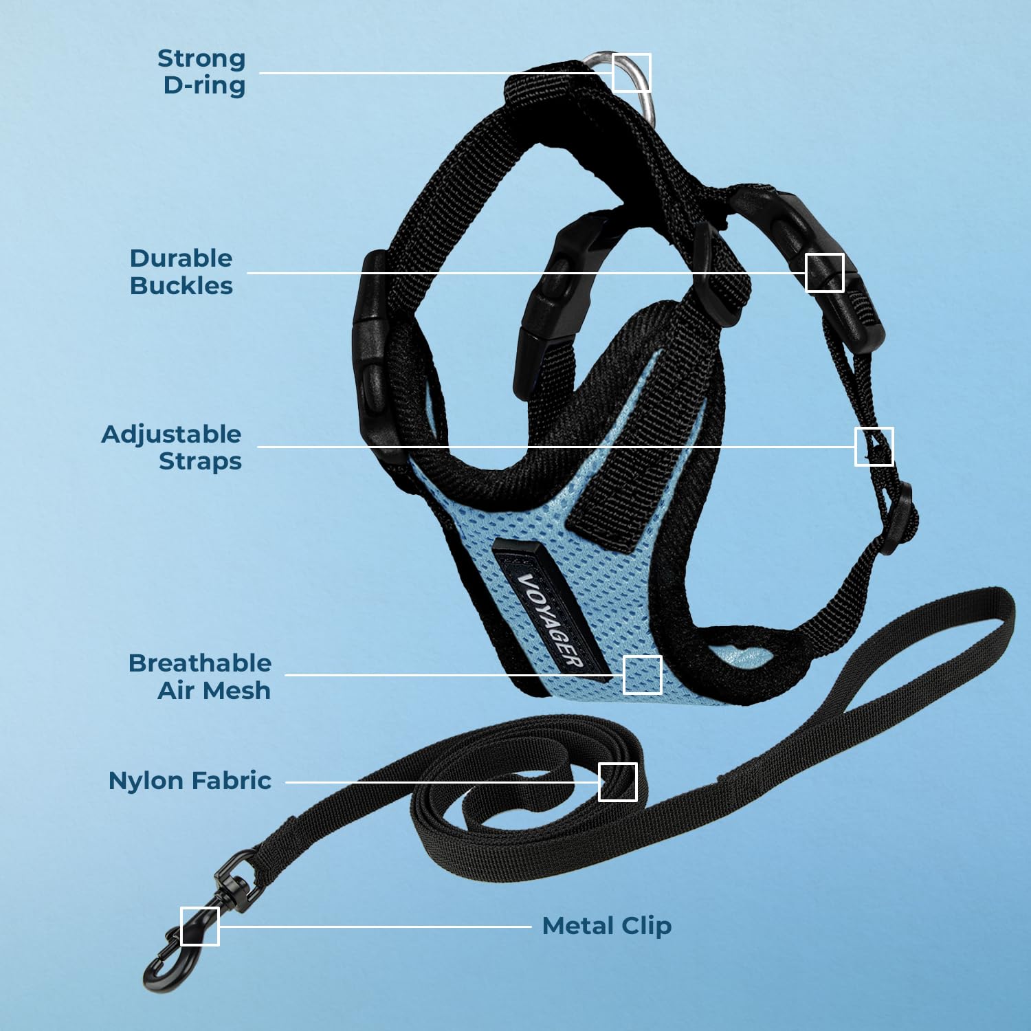 Voyager Escape-Proof Step-in Lock Cat Harness & 5ft Neoprene-Handle Leash Set All-Weather Mesh with Reflective Stitching for Small to Large Cats by Best Pet Supplies, Baby Blue/Black Trim, XS