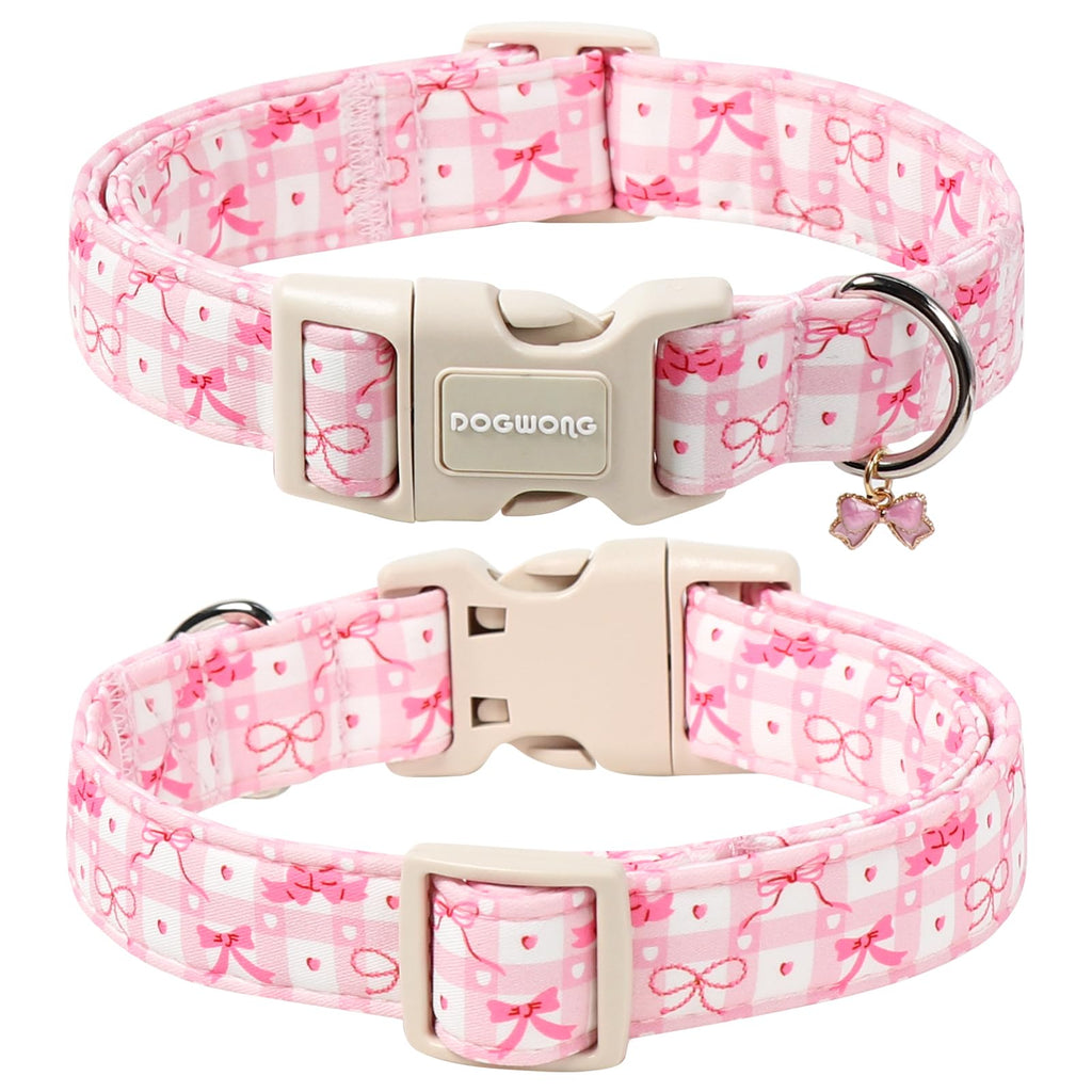 DOGWONG Pink Plaid Dog Collar-Cute Pink Bowtie Print Dog Collar, Adjustable Cotton Girl Female Pet Collar Pink Puppy Collars with Quick Release Buckle,XS