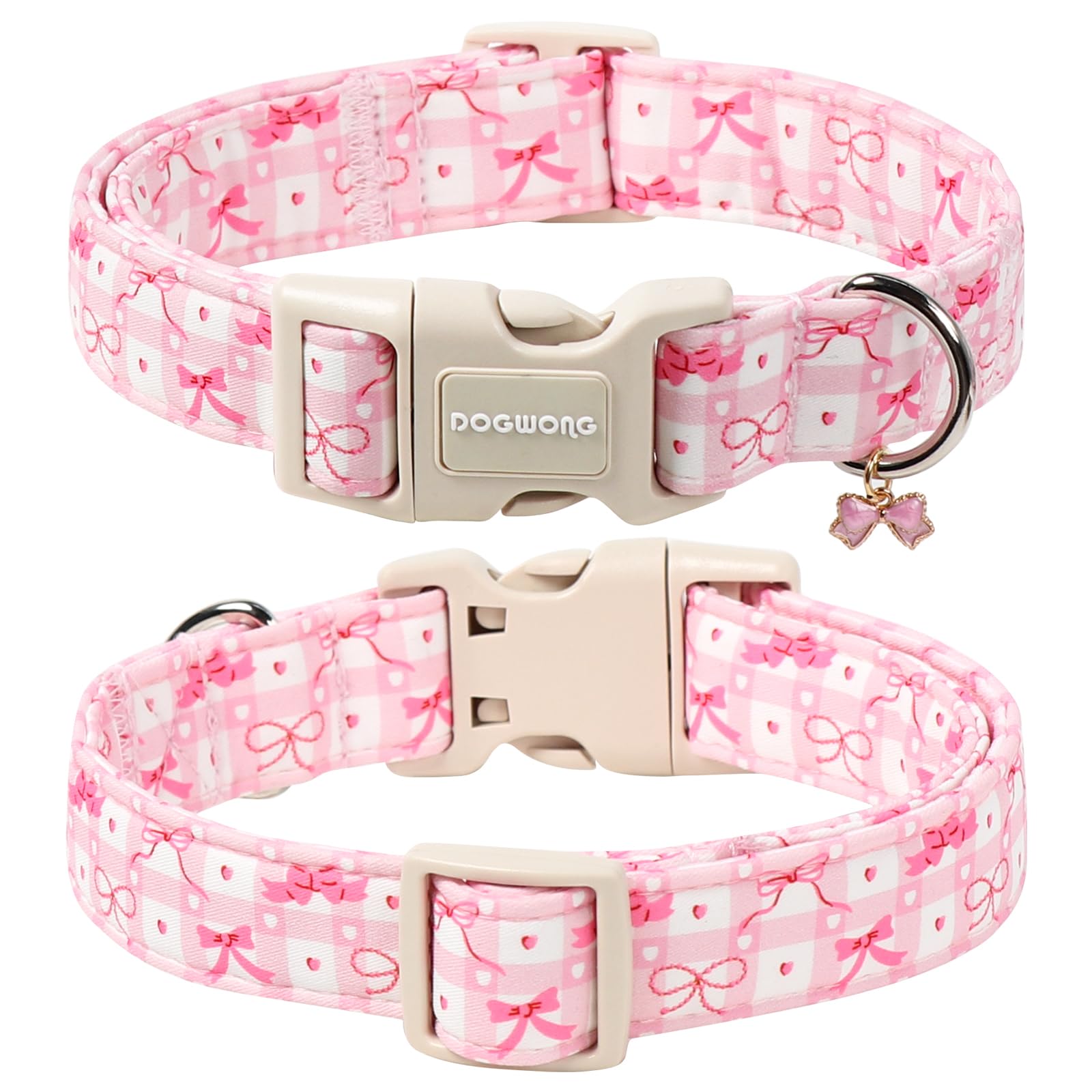 DOGWONG Pink Plaid Dog Collar-Cute Pink Bowtie Print Dog Collar, Adjustable Cotton Girl Female Pet Collar with Quick Release Buckle,S