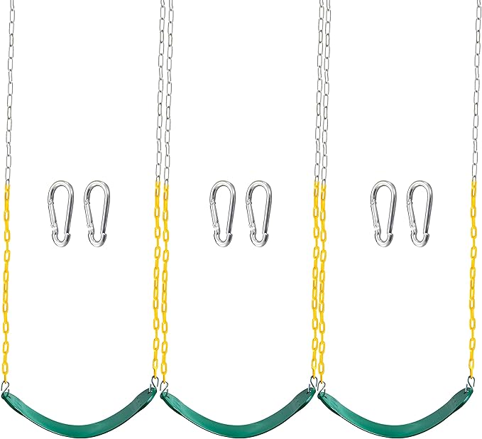 TURFEE 3 Pack Assorted Swing Set, Including 1 Gym Rings Trapeze Bar and 2 Pcs Swings with Plastic Coated Chain, Swingset Accessories Replacement for Kids Outdoor Play, Playground- Green
