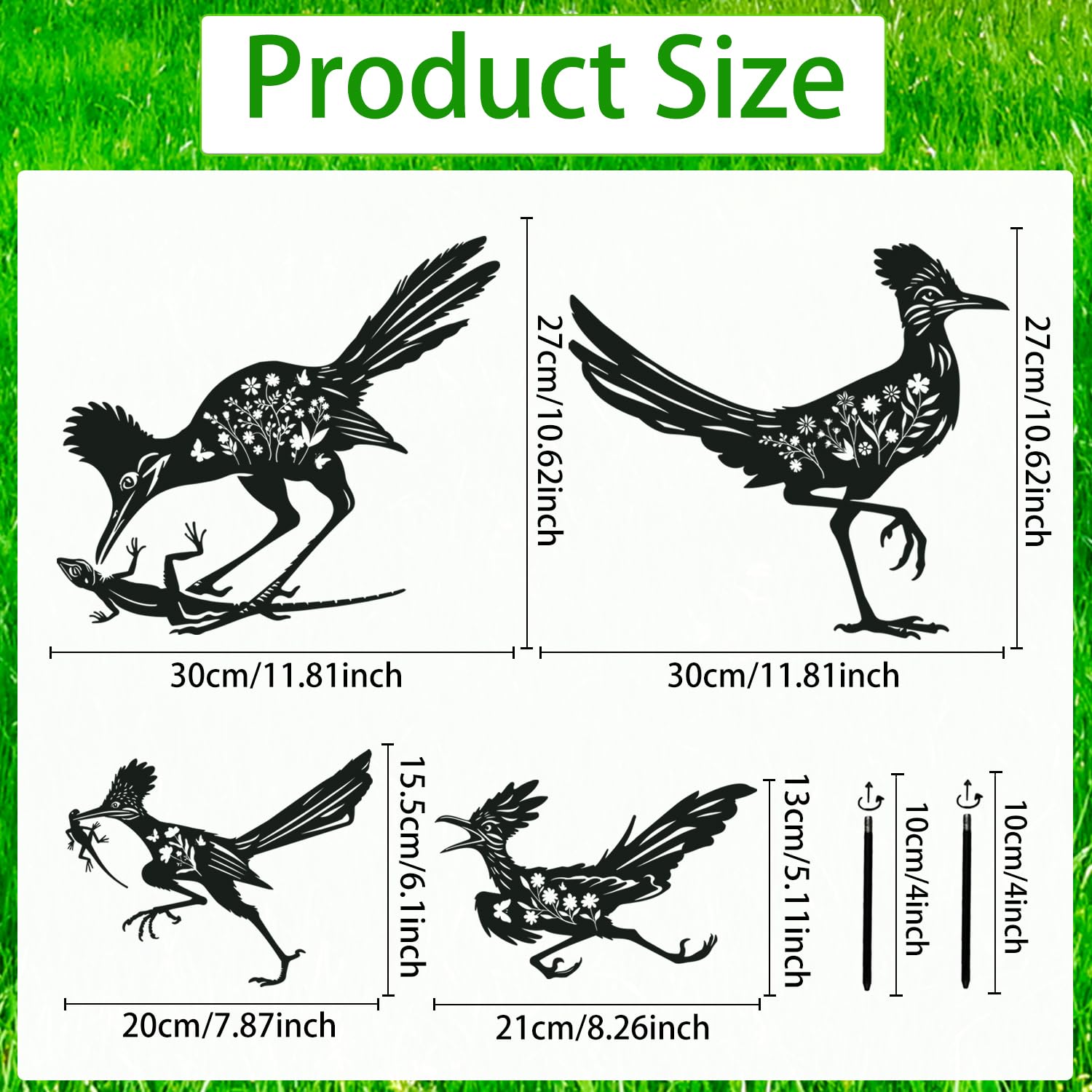 Rngmsi Roadrunner Metal Garden Stakes Yard Decor, 4PCS Black Roadrunner Silhouette Statues Garden Decorative Gifts for Yard Art, Patio, Outside, Lawn Ornaments, Christmas, Backyard, Pathway