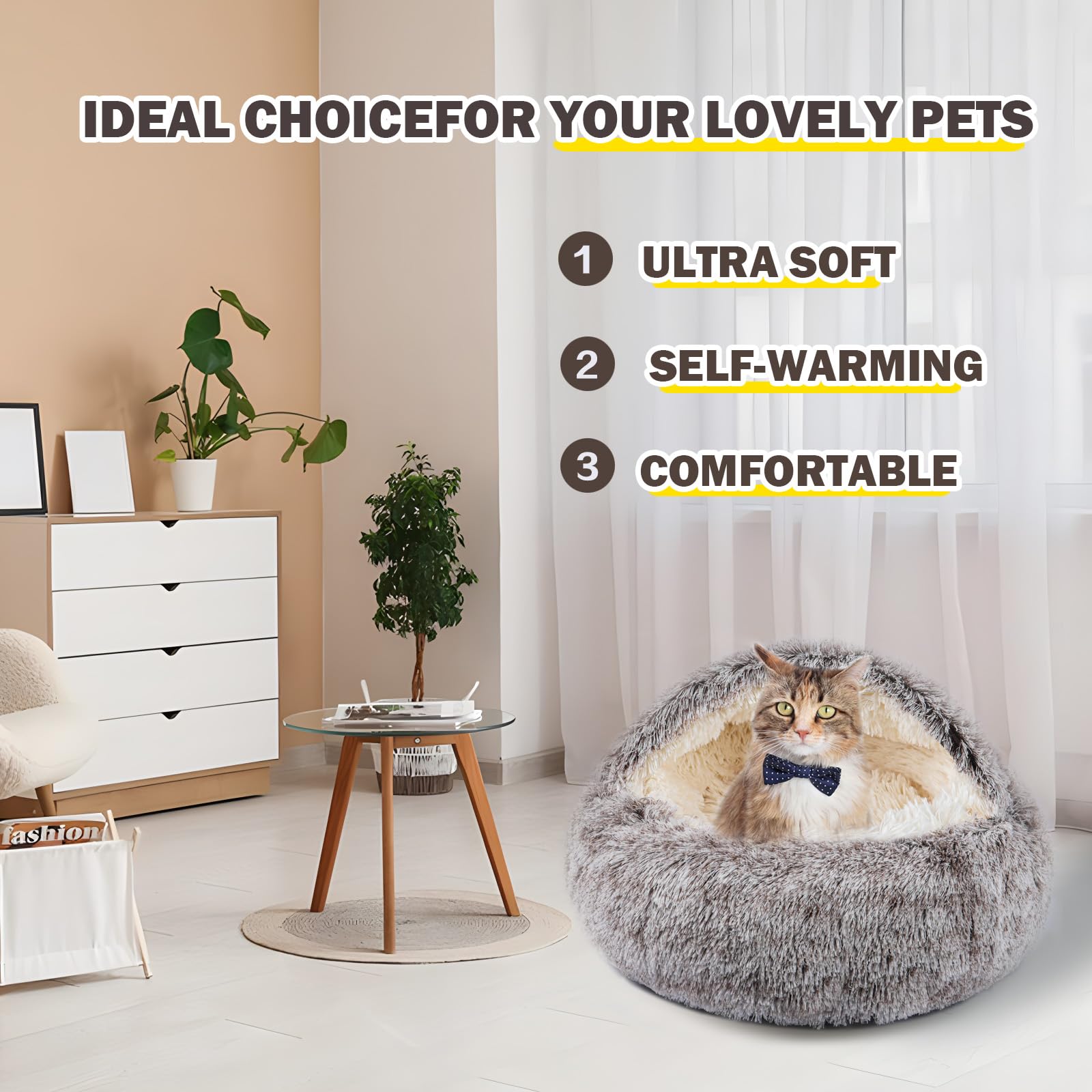BELEEWILWON Cat Bed for Indoor Cats, Calming Cozy Cave with Self-Warming Plush, Entire Bed Machine Washable & Anti-Slip Base, Breathable Pet Bed for Small Cats&Dogs All Seasons (Khaki, 20 * 20inch)
