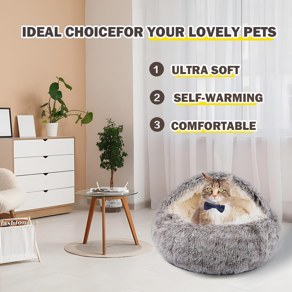 BELEEWILWON Cat Bed for Indoor Cats, Calming Cozy Cave with Self-Warming Plush, Entire Bed Machine Washable & Anti-Slip Base, Breathable Pet Bed for Small Cats&Dogs All Seasons (Khaki, 20 * 20inch)