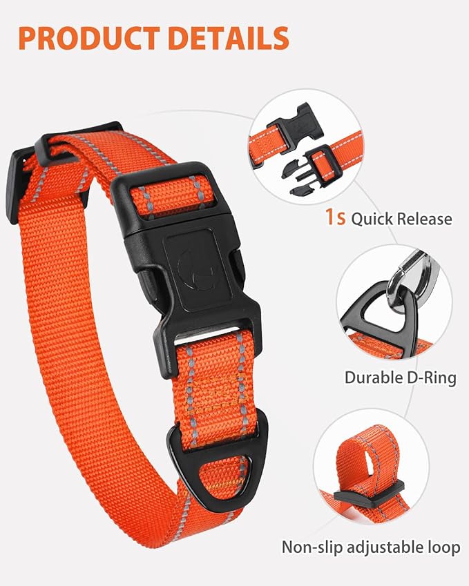Joytale Dog Collars for Small Dogs, Feather-Light Double-Sided Reflective Nylon Collar for Night Safety, Adjustable Quick-Release for Growing Puppies, Orange, S (5/8" Width)