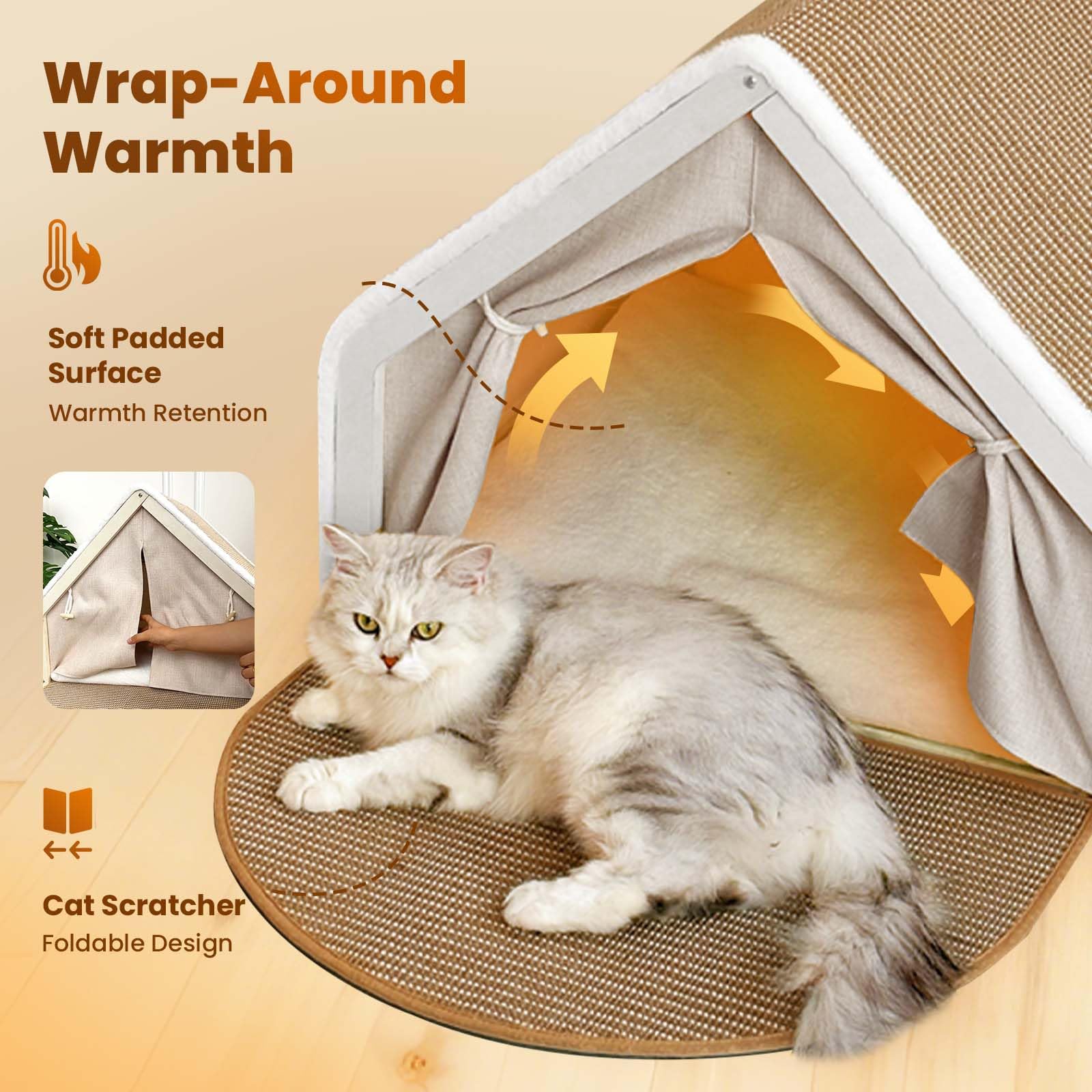 Cat Houses for Indoor Cats - 4 Seasons Cat Bed Cave with Natural Sisal Cat Scratcher Mat, Solid Wood Frame Cat House with Curtains and Cat Floor Scratching Pad Rug, Protect Couch and Carpets, M