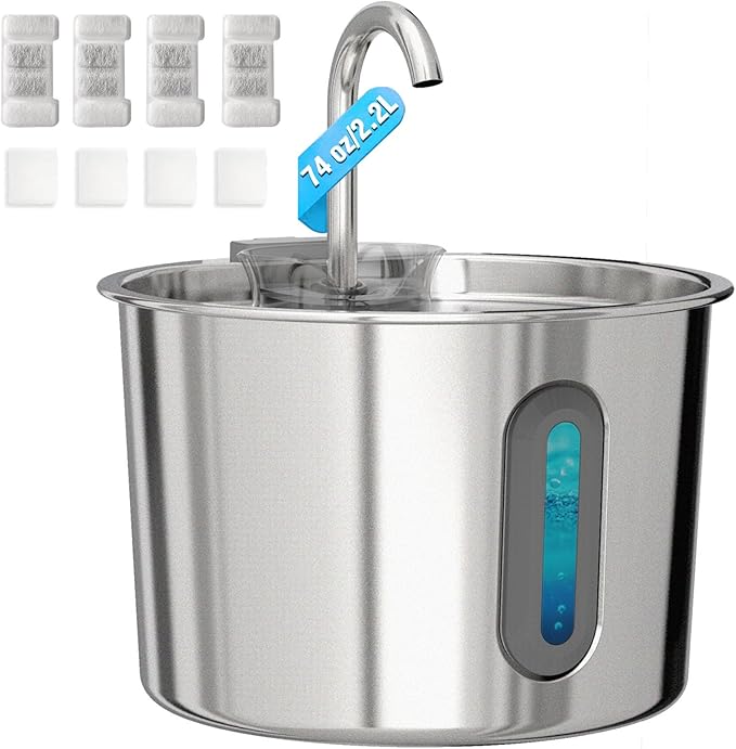 HAJXM Cat Water Fountain, 74oz/2.2L Cat Fountain for Drinking - Pet Water Fountain Stainless Steel for Cats Inside - Quiet Water Bowl Dispenser - Kitty Drinking Fountains - 4 Filters + 4 Sponges