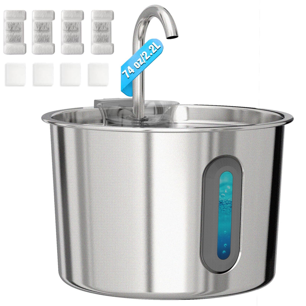 HAJXM Cat Water Fountain, 74oz/2.2L Cat Fountain for Drinking - Pet Water Fountain Stainless Steel for Cats Inside - Quiet Water Bowl Dispenser - Kitty Drinking Fountains - 4 Filters + 4 Sponges