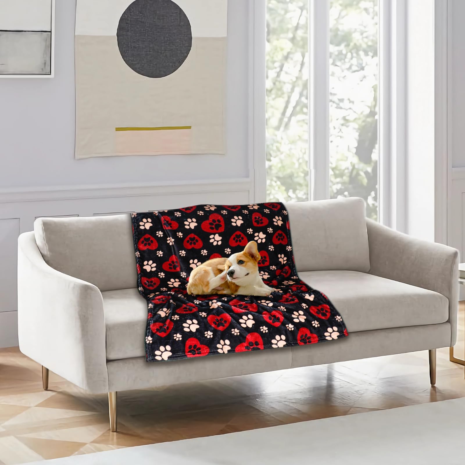 Gowyeg Dog Blanket for Large Dogs, Soft Flannel Cute Paw Black Red 50"x40"