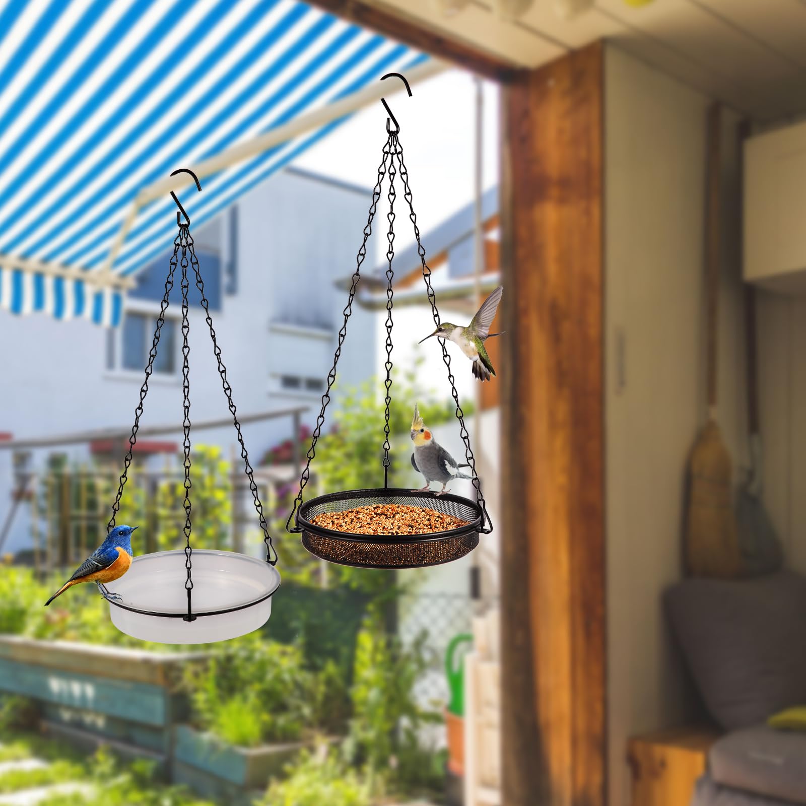 HRAYLTOP 2-in-1 Set Hanging Bird Feeder and Bath for Outdoor, Small Metal Tray Perfect for Attracting Bird