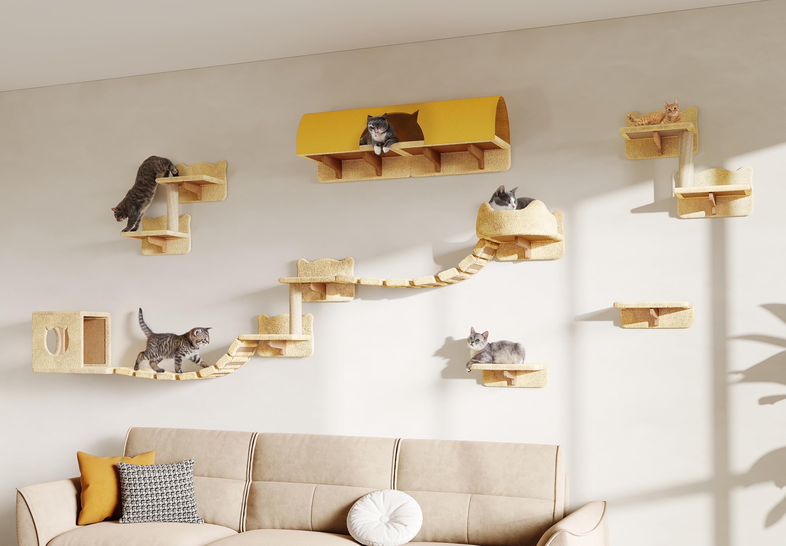 Homiflex 16-in-1 Cat Wall Shelves, Cat Furniture w/Tunnel & Bridge, Beige