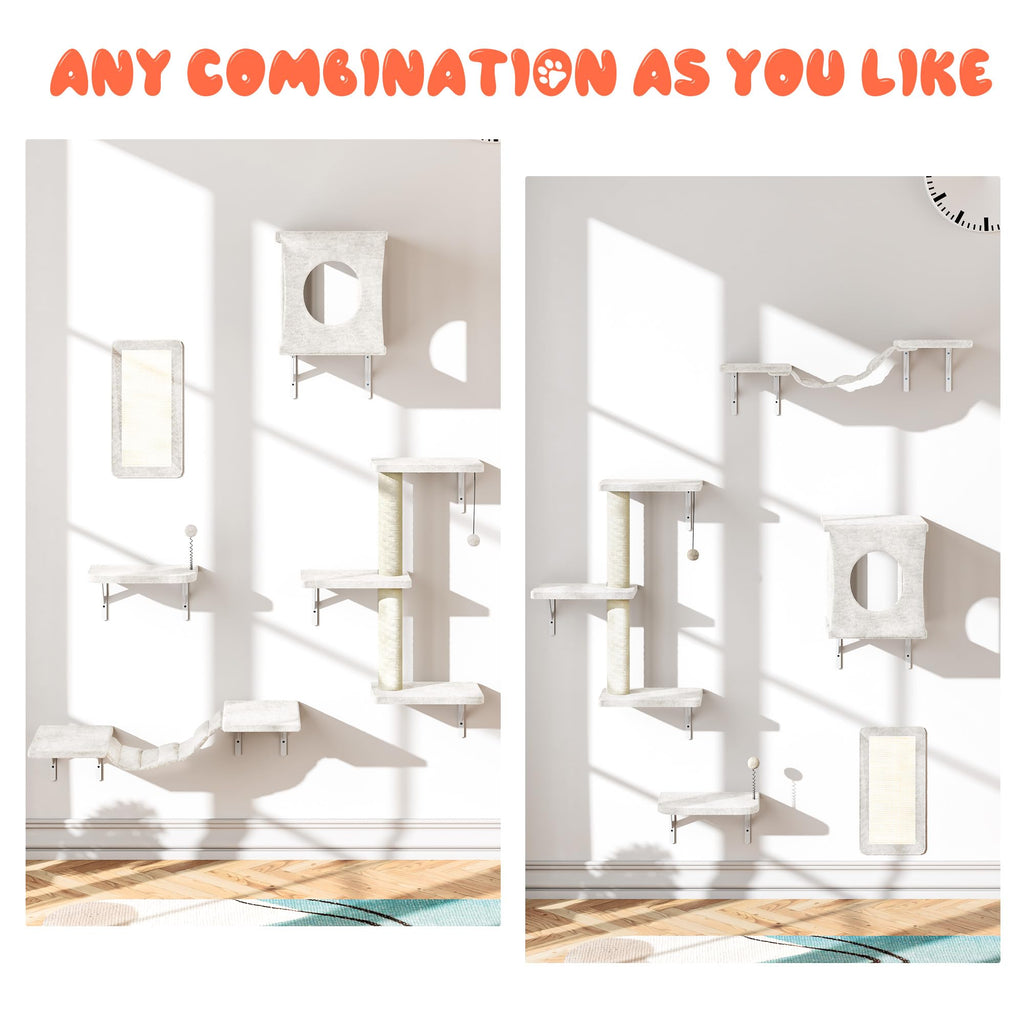 NUNU LAB Cat Wall Shelves Set, 5 Pcs Wall-Mounted Cat Climber with Cat House, Bridge, Scratching Post, Hammock, Wall Shelves, Beige