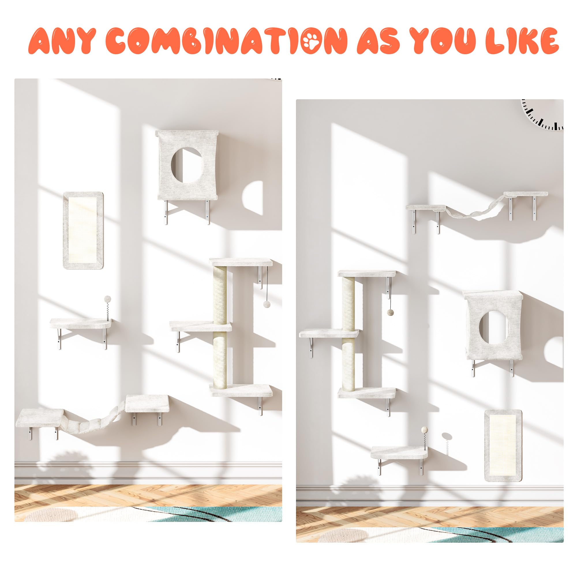 NUNU LAB Cat Wall Shelves Set, 5 Pcs Wall-Mounted Cat Climber with Cat House, Bridge, Scratching Post, Hammock, Wall Shelves, Beige