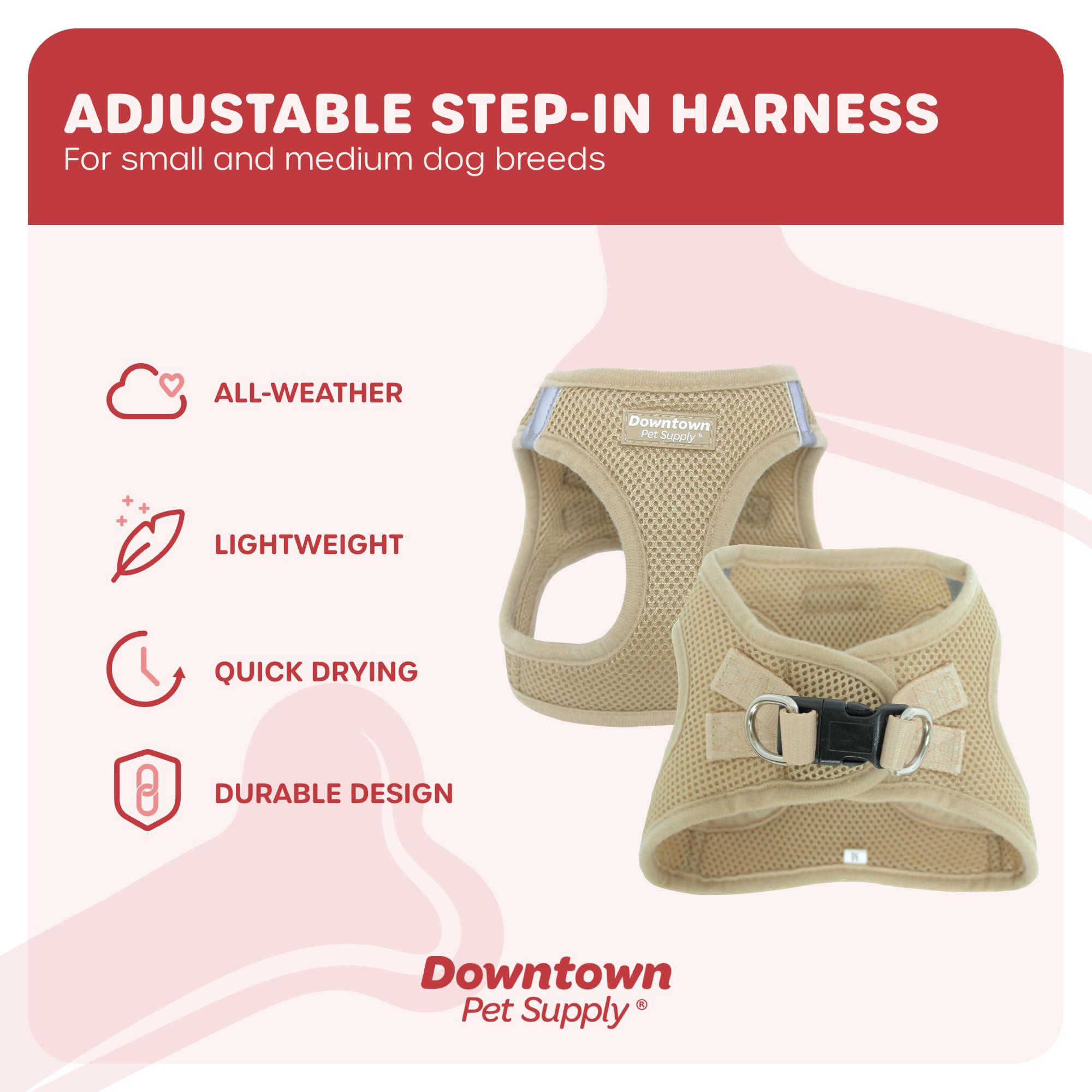 Downtown Pet Supply Step-in Dog Harness – No Pull, Adjustable Padded Mesh with Reflective Trim, Secure Buckle Strap – Comfortable & Breathable Small Dog Harness, Medium, Khaki