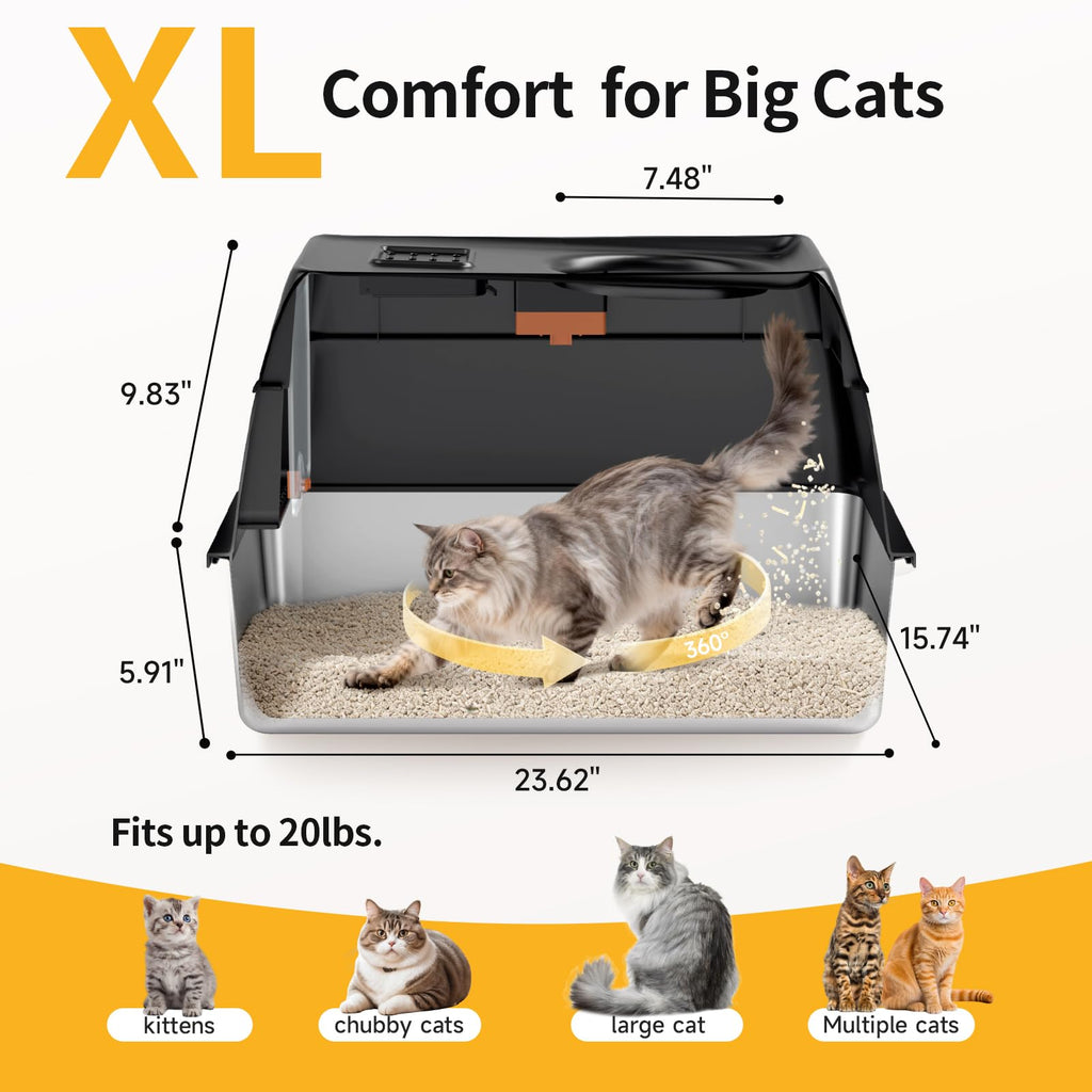 Tevila XL Enclosed Stainless Steel Litter Box with Lid,Black