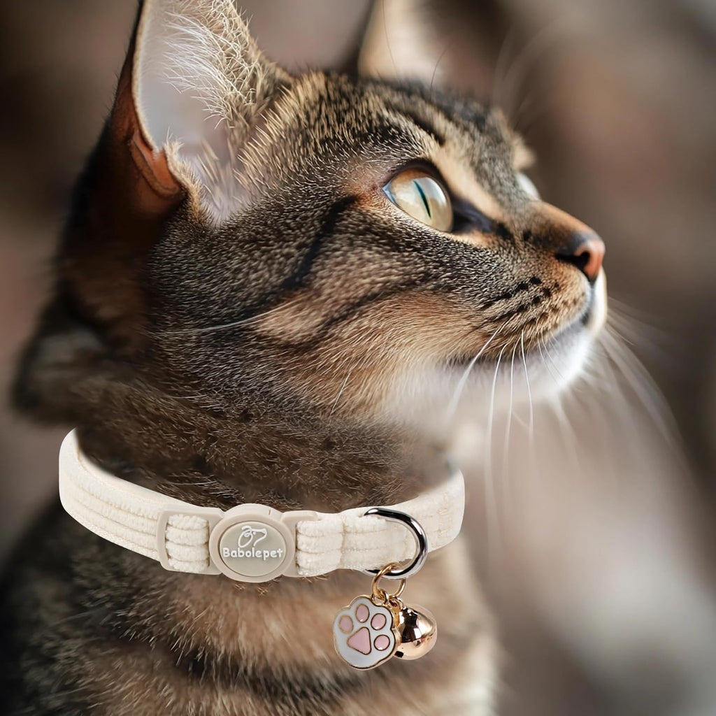Babole Pet 2 Pack Corduroy Cat Collars - Cute Breakaway Cat Collar with Bell and Paw Pendant, Soft Adjustable Fall Winter Kitten Collars for Girl Boy Cats, Yellow&White