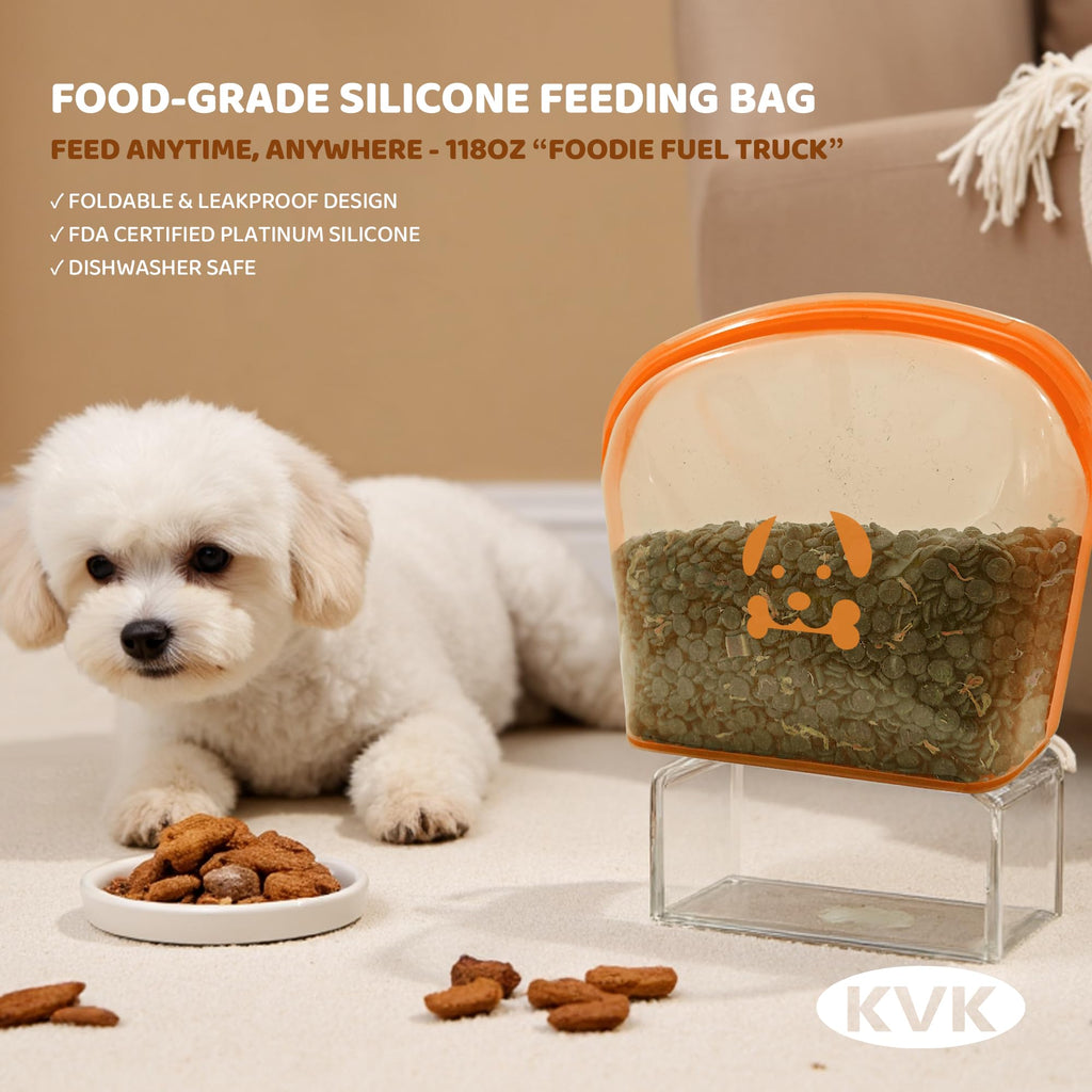 KVK Extra Extra Large Silicone Dog Food Mat 39.4×43.3in and 128oz Silicone Bag Set, Super Size Waterproof Pet Feeding Mat & Container, Non-Slip, Chew-Resistant Floor Protection (Taupe&Orange)