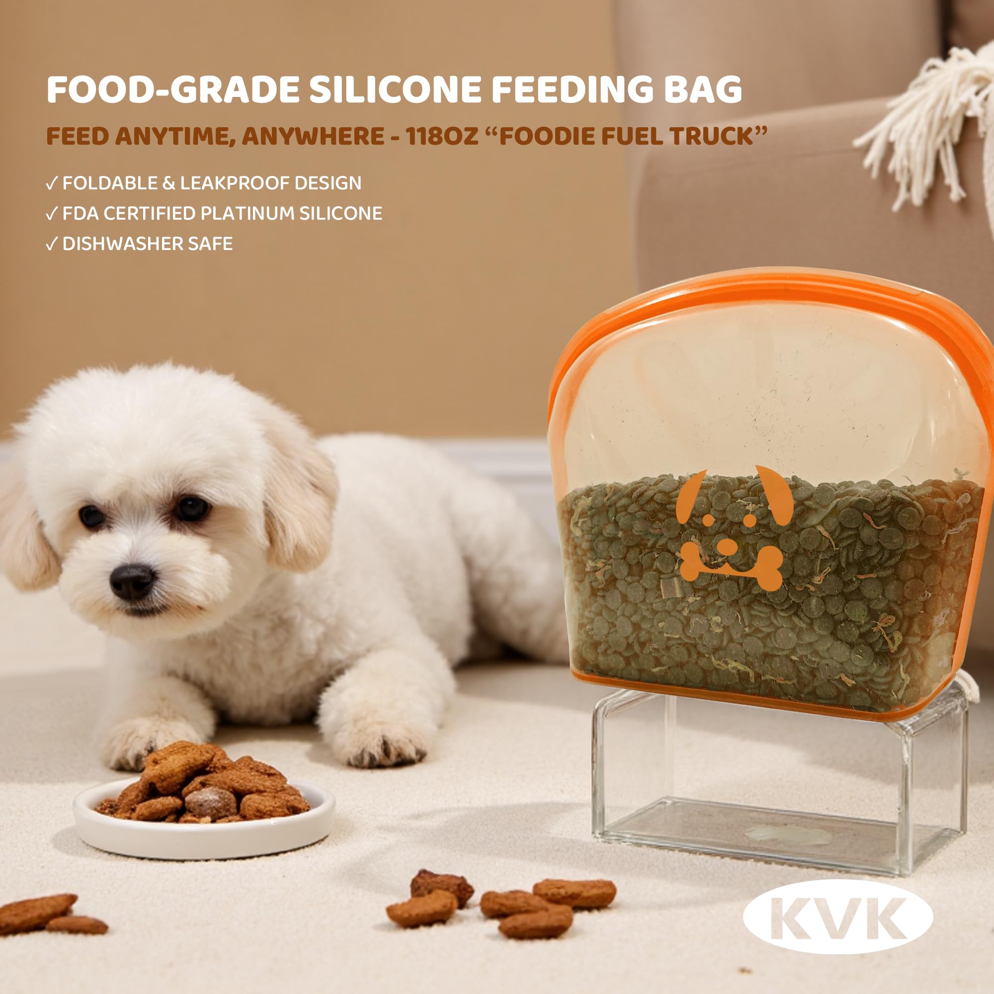 KVK Extra Extra Large Silicone Dog Food Mat 39.4×43.3in and 128oz Silicone Bag Set, Super Size Waterproof Pet Feeding Mat & Container, Non-Slip, Chew-Resistant Floor Protection (Taupe&Orange)